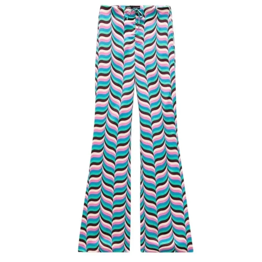 Zara Wide Leg Pants Size Medium Pink Teal Zig Zag Stripe 70s Festival High Rise